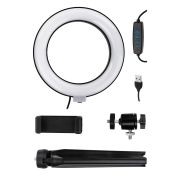 Лампа кольцевая светодиодная 16 см, 6 Вт, 2700-6400 К, штатив наст., диммер, USB, TDM