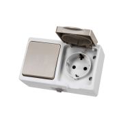 Блок (горизонтальный) выключатель 1-кл. + розетка 2П+З с з/ш БКВР IP54 серый «Вуокса» TDM
