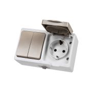 Блок (горизонтальный) выключатель 2-кл. + розетка 2П+З с з/ш БКВР IP54 серый «Вуокса» TDM