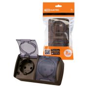 Розетка двойная 2П+3 открытой установки IP54 16А с прозрачной крышкой шоколад «Селигер» TDM