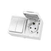Блок (горизонтальный) выключатель 2-кл. + розетка 2П+З с з/ш БКВР IP54 белый «Вуокса» TDM