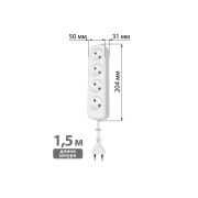 Удлинитель 4 гнезда, 1,5 метра, б/з, 10 А, 2300 Вт, белый, НАРОДНЫЙ У-42016 (Ун 420-0001)