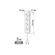 Удлинитель 4 гнезда, 3 метра, б/з, 6 А, 1380 Вт, белый, НАРОДНЫЙ У-31011 (Ун 410-0001)