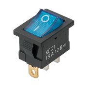 Выключатель клавишный KCD1-101N 12В AC/DC, 1P, 15А, (3с), ON-OFF, черный корпус, синяя клавиша с LED подсветкой, Mini TDM