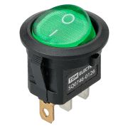 Выключатель клавишный круглый KCD11-101N 250В AC/DC, 1P, 3А, (3с), ON-OFF, черный корпус, зеленая клавиша с LED подсветкой, Micro TDM