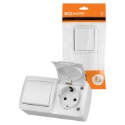 Блок выключатель 1-клавишный 10А + розетка 2П+З 16А с защитными шторками с крышкой IP54 белый «Селигер» TDM