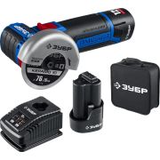 ЗУБР 12 В, d76 мм, 2 АКБ тип Т7 (2 А·ч), бесщеточная УШМ, сумка, Профессионал (AB-76-22)