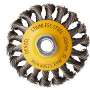 Щетка для УШМ, 100 мм, «Тарелка», крученая нержавеющая проволока 0.5 мм, М14 Denzel