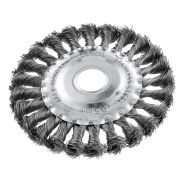 Щетка для УШМ, 125 мм, «Плоская», крученая нержавеющая проволока 0.5 мм, посадка 22.2 мм Denzel